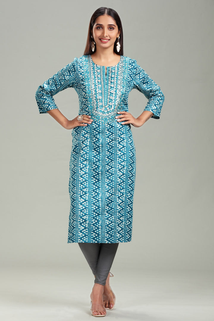 Sea Blue Cotton Straight Embroidered Kurta