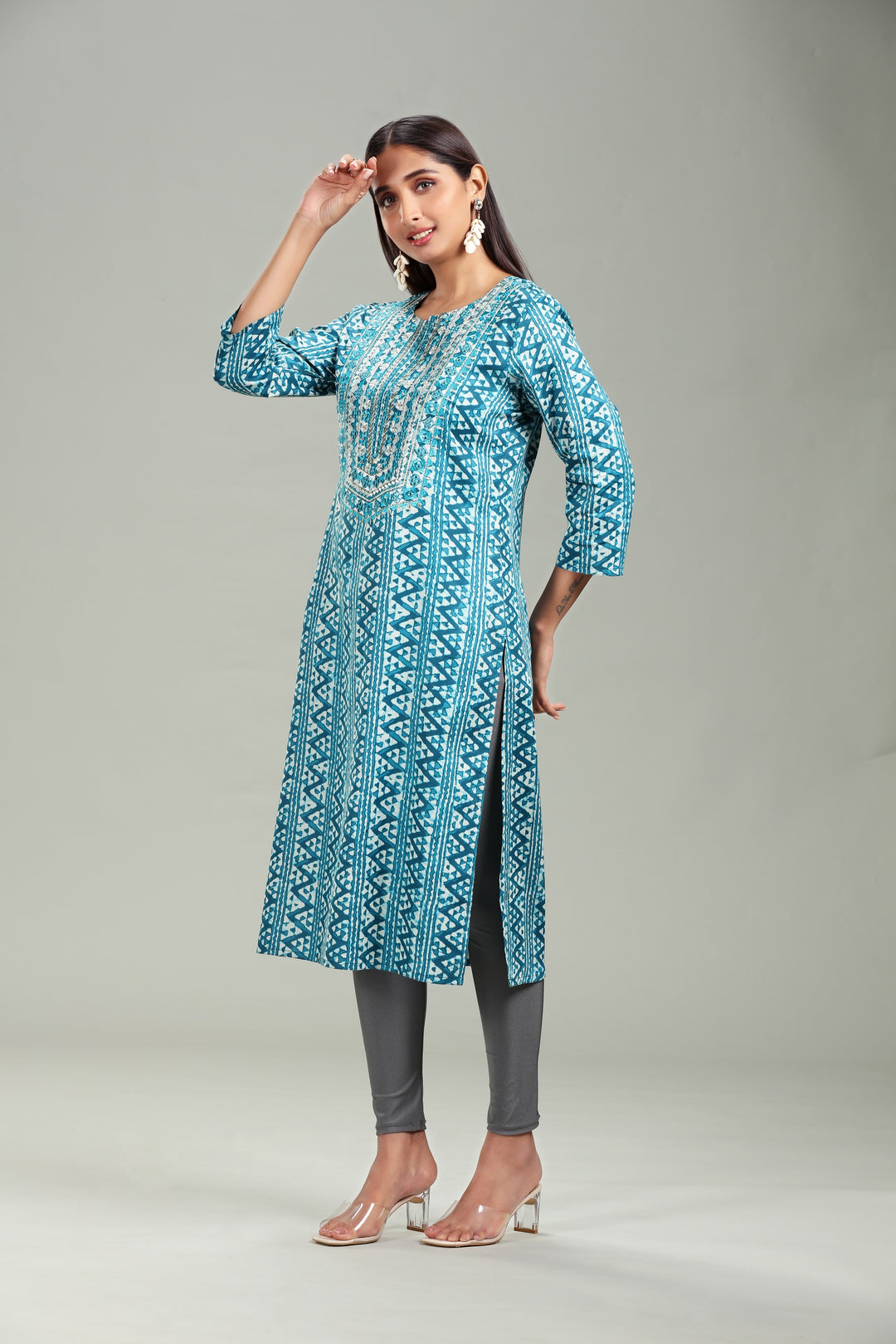 Sea Blue Cotton Straight Embroidered Kurta