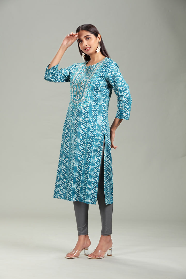 Sea Blue Cotton Straight Embroidered Kurta