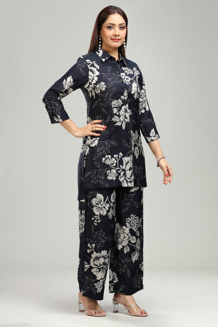 Navy Blue Roman Silk Printed Kurta Pant Co ord Set