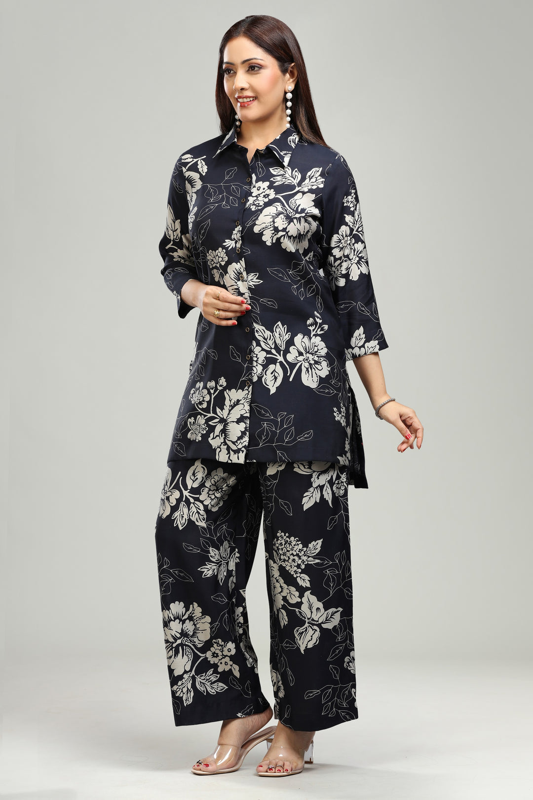 Navy Blue Roman Silk Printed Kurta Pant Co ord Set