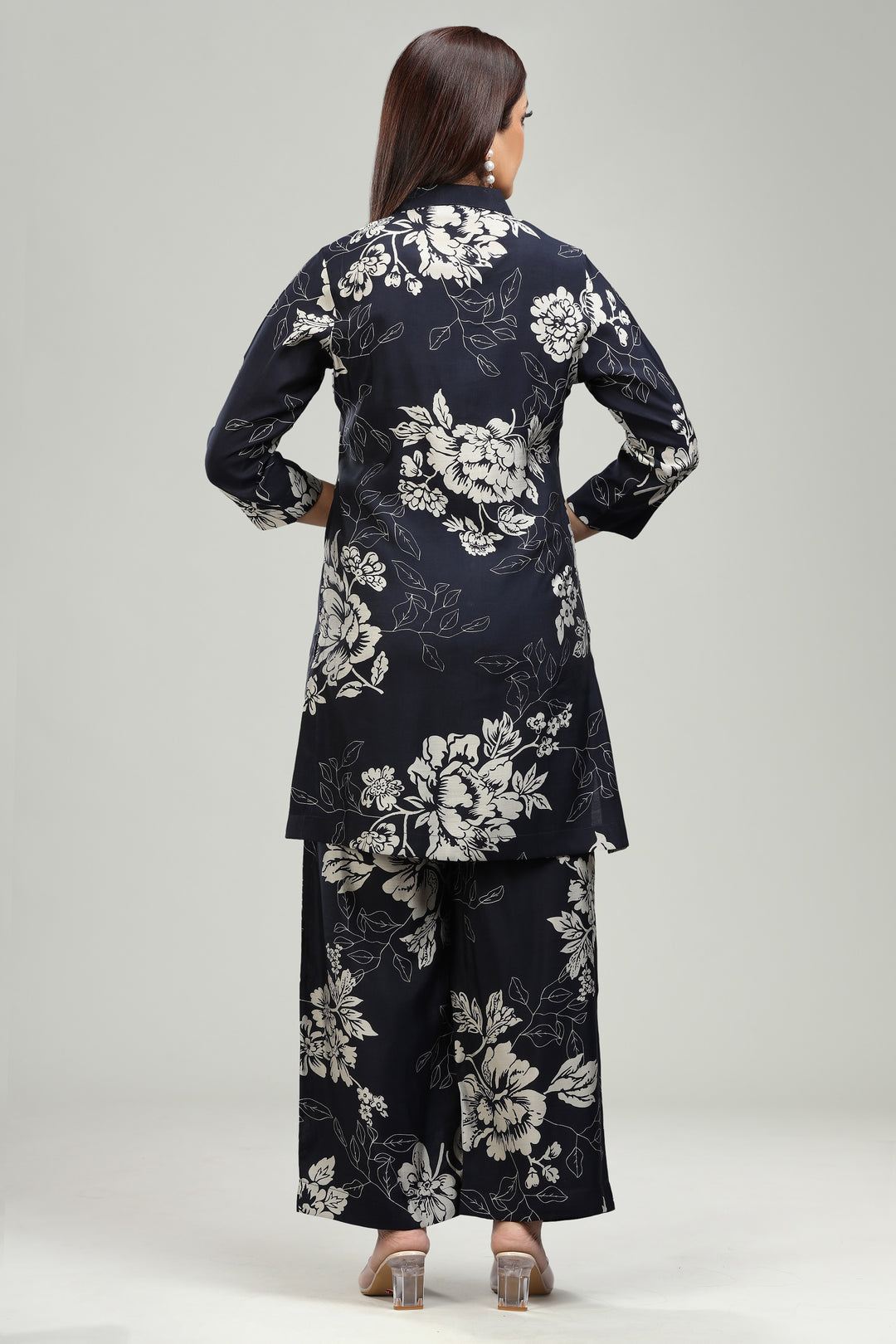 Navy Blue Roman Silk Printed Kurta Pant Co ord Set