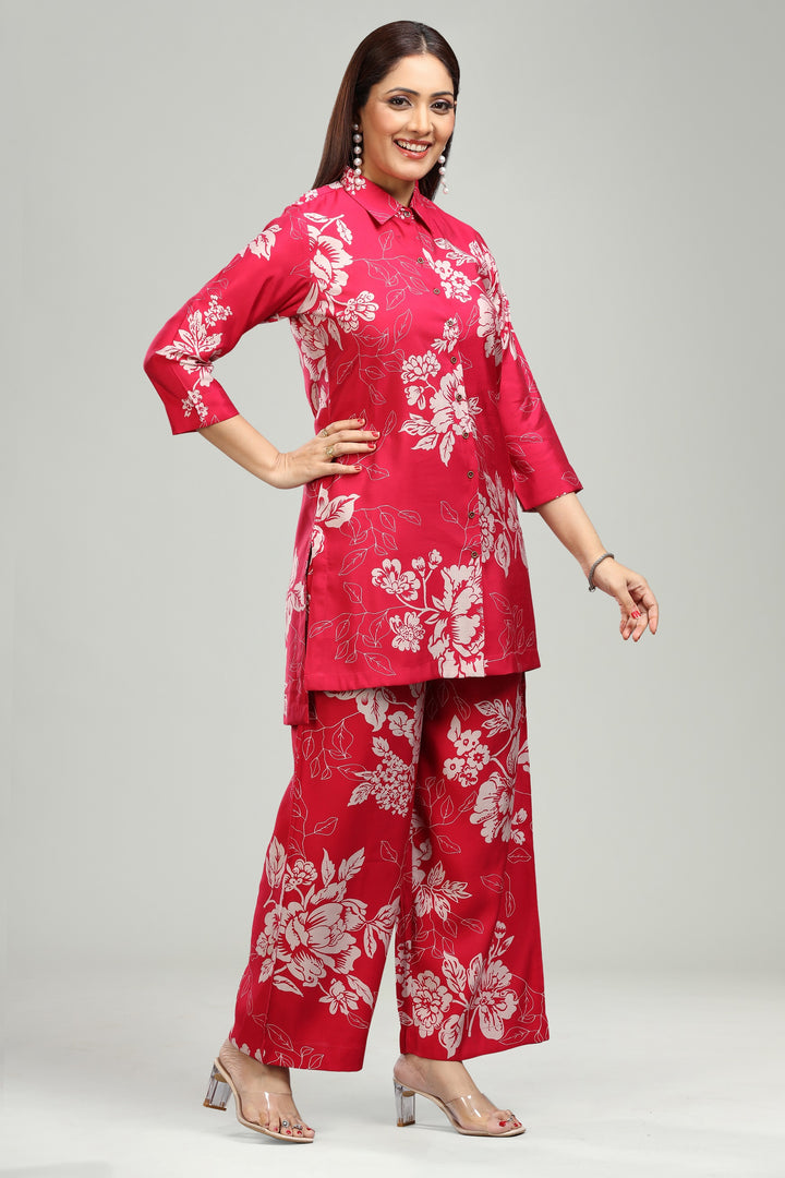 Pink Roman Silk Straight Printed Kurta Pant Co ord Set