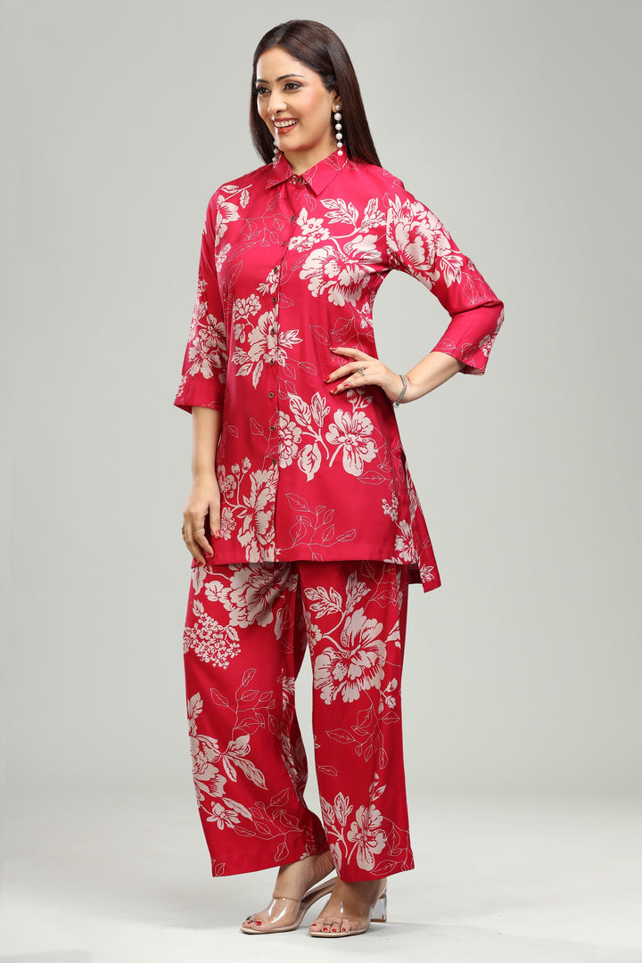 Pink Roman Silk Straight Printed Kurta Pant Co ord Set