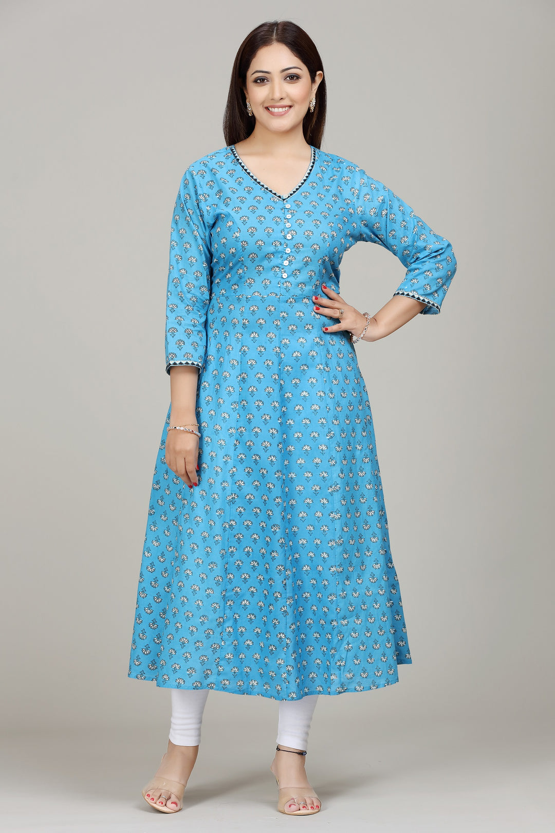 Sky Blue Jaipuri Cotton A line Kurta