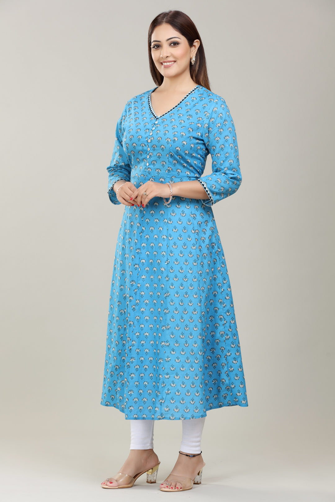 Sky Blue Jaipuri Cotton A line Kurta