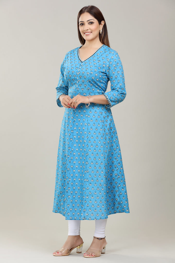 Sky Blue Jaipuri Cotton A line Kurta