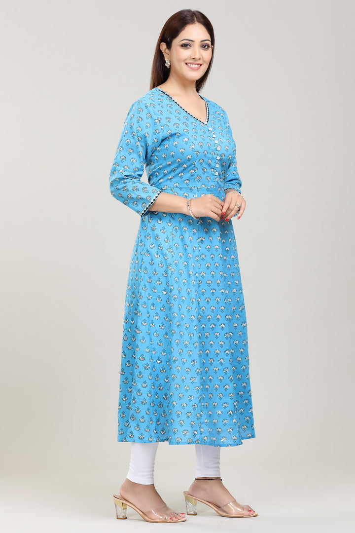 Sky Blue Jaipuri Cotton A line Kurta