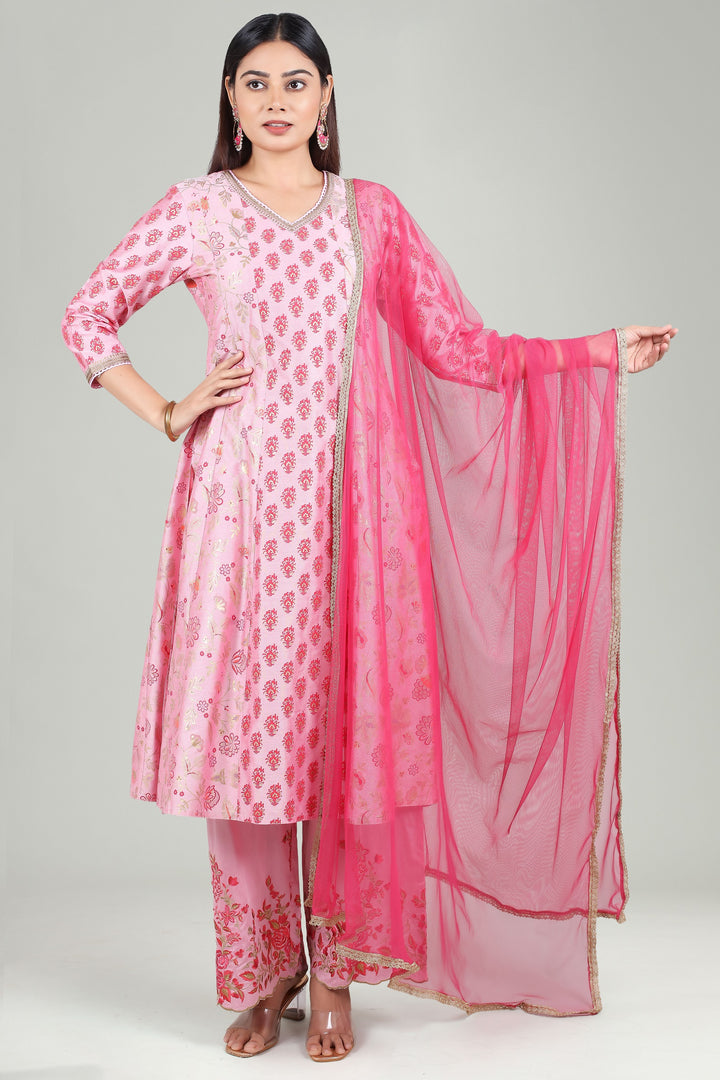 Pink PolySilk A Line Printed Kurta Pant Suit Set