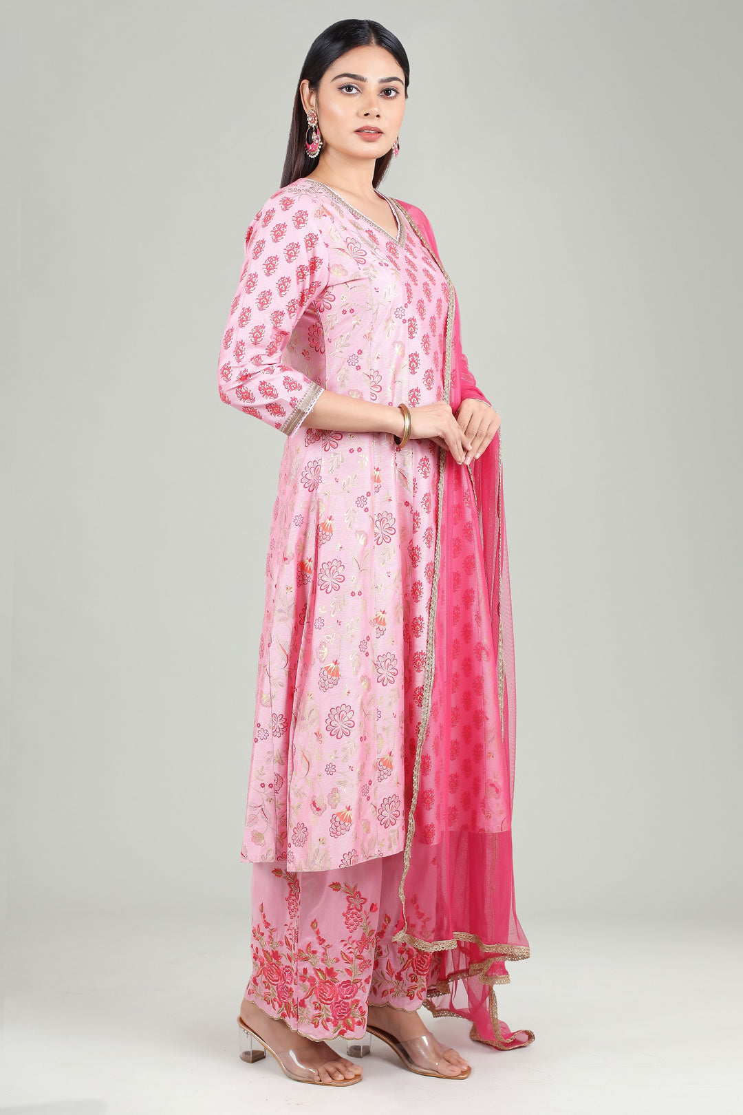 Pink PolySilk A Line Printed Kurta Pant Suit Set