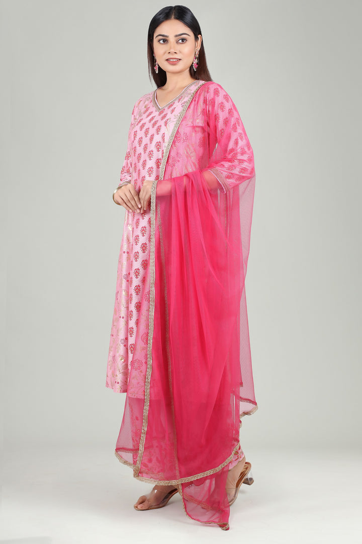 Pink PolySilk A Line Printed Kurta Pant Suit Set