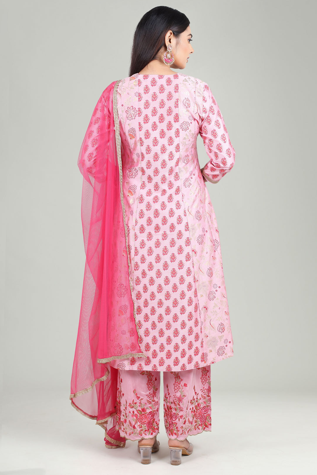 Pink PolySilk A Line Printed Kurta Pant Suit Set