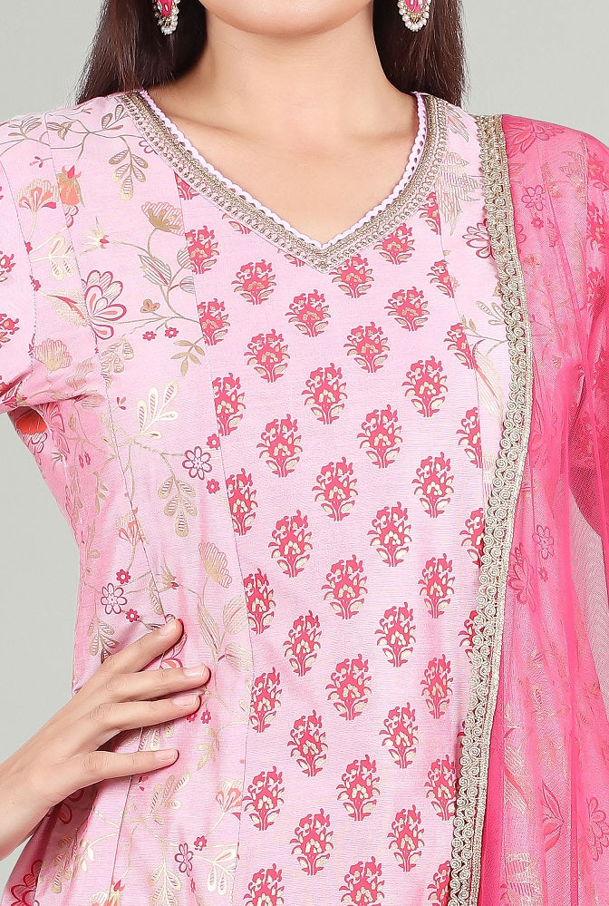 Pink PolySilk A Line Printed Kurta Pant Suit Set