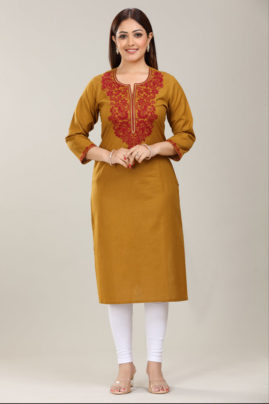 Mustard Cotton Straight Embroidered Kurta