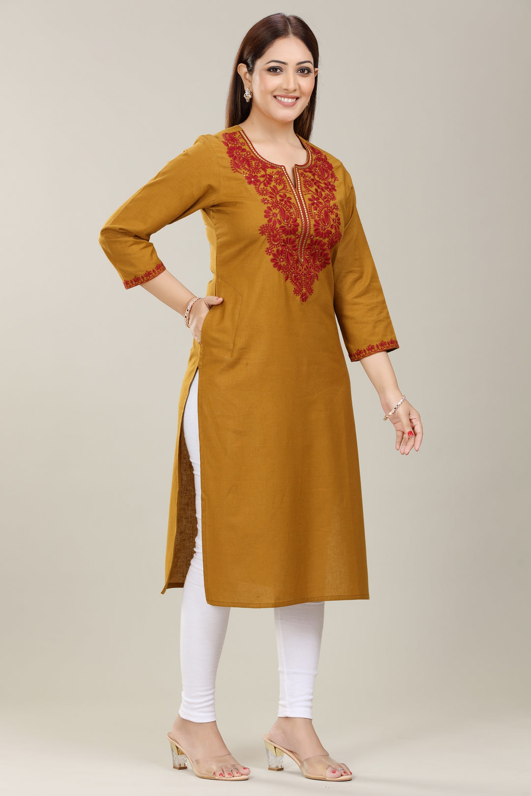 Mustard Cotton Straight Embroidered Kurta