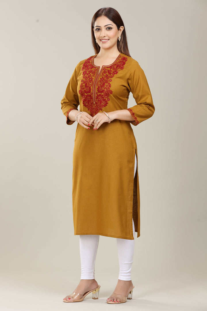 Mustard Cotton Straight Embroidered Kurta