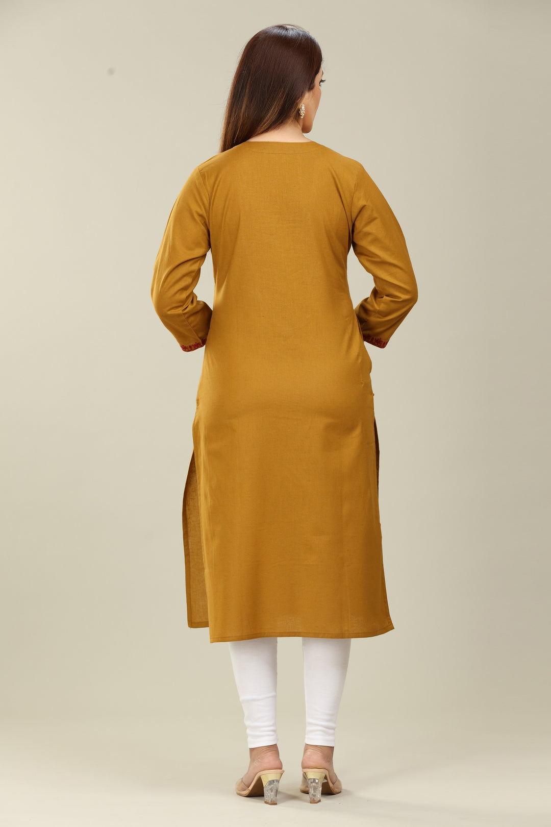 Mustard Cotton Straight Embroidered Kurta