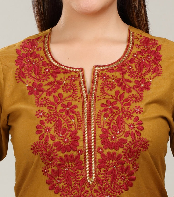 Mustard Cotton Straight Embroidered Kurta