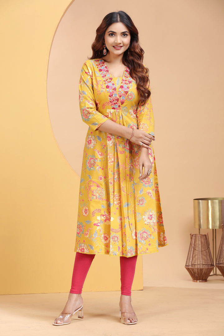 Mustard Cotton A Line Embroidered Kurta