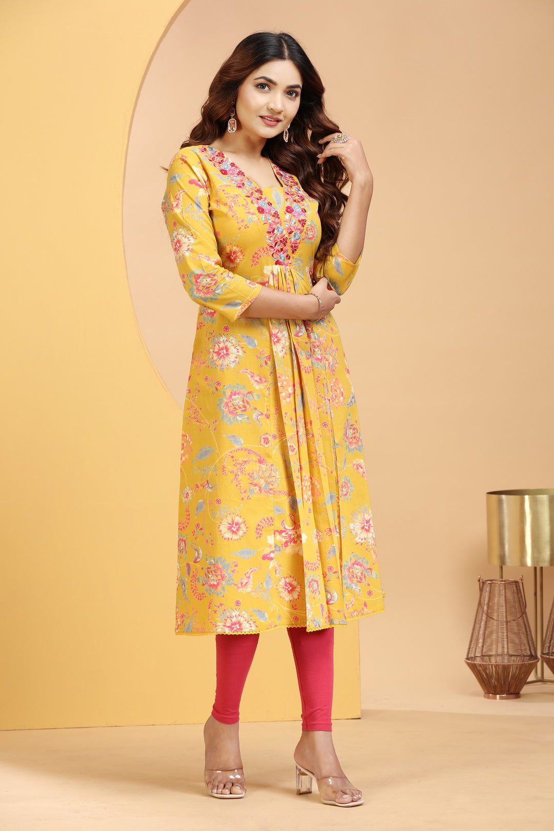 Mustard Cotton A Line Embroidered Kurta