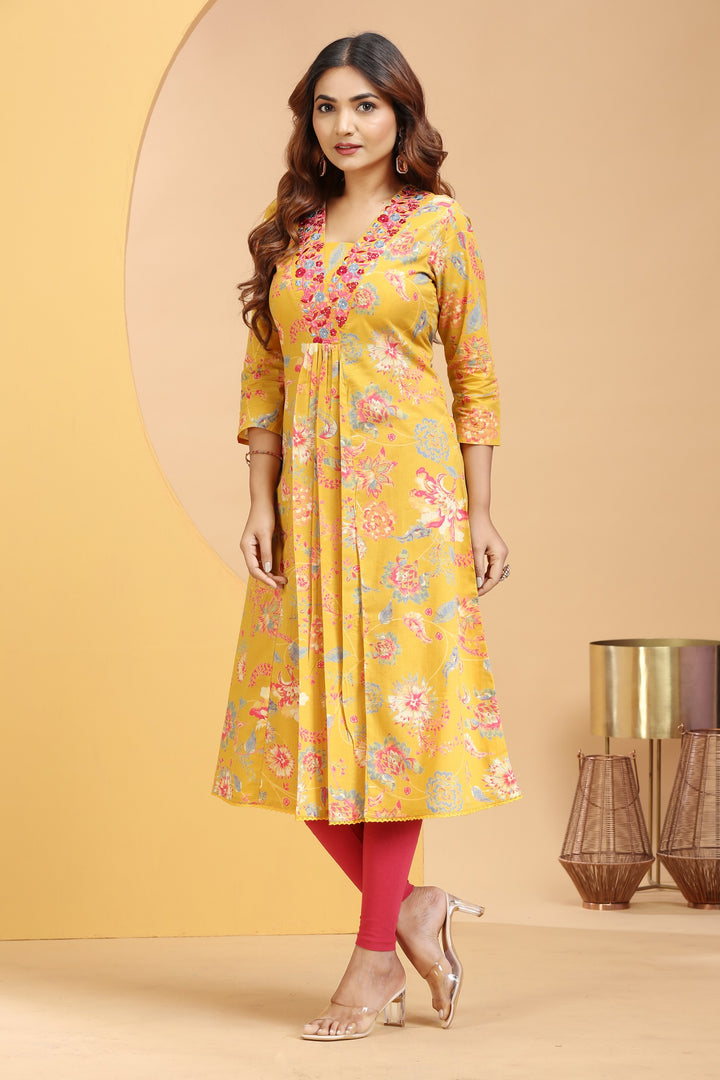 Mustard Cotton A Line Embroidered Kurta