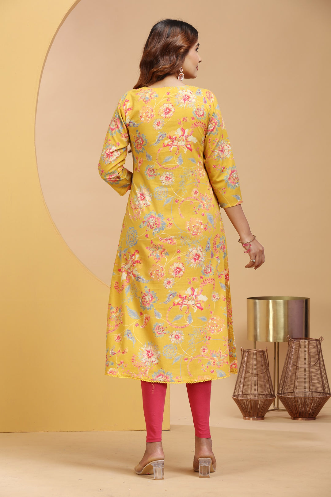 Mustard Cotton A Line Embroidered Kurta