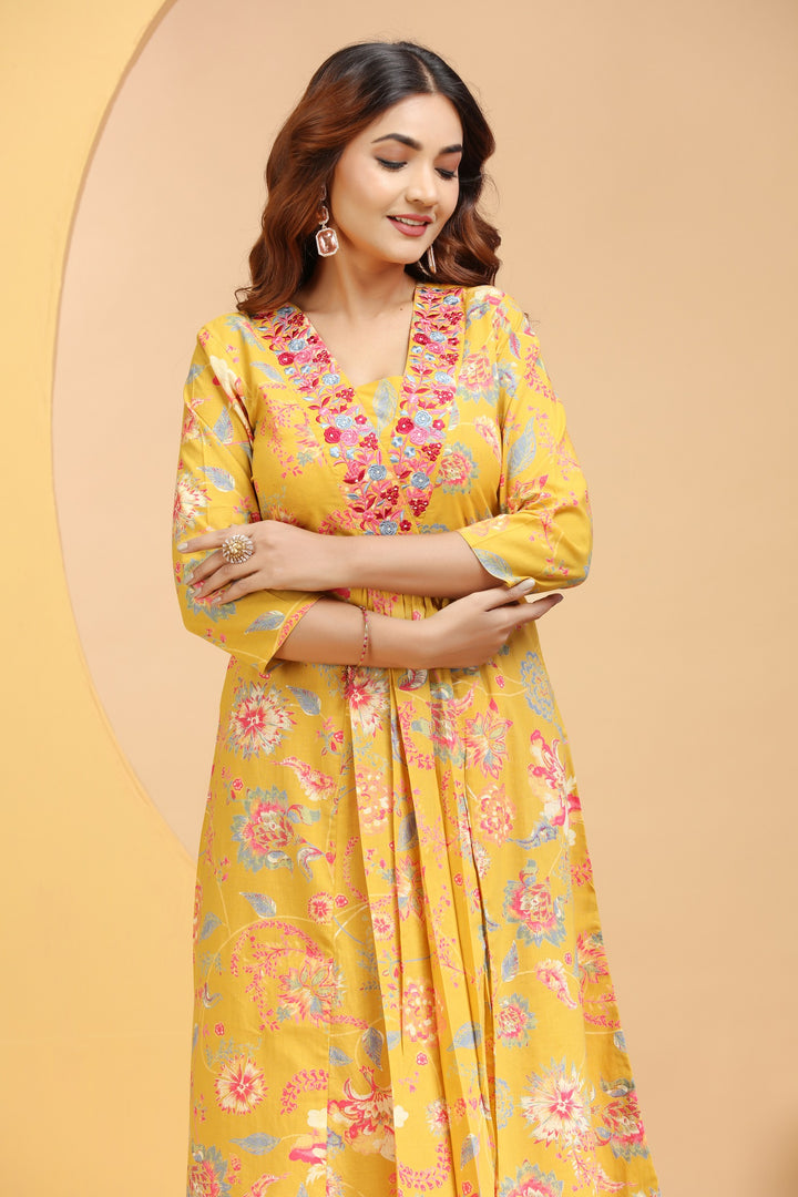 Mustard Cotton A Line Embroidered Kurta