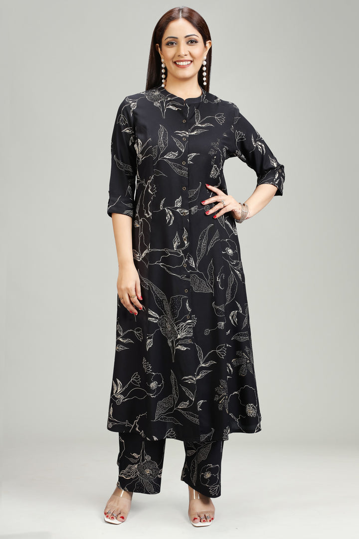 Black Rayon A Line Printed Kurta Pant Co ord Set