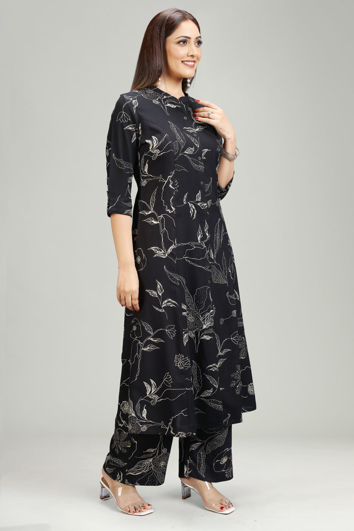 Black Rayon A Line Printed Kurta Pant Co ord Set