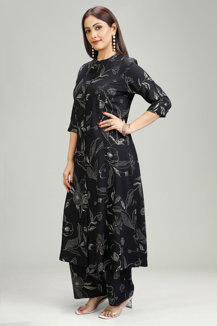 Black Rayon A Line Printed Kurta Pant Co ord Set