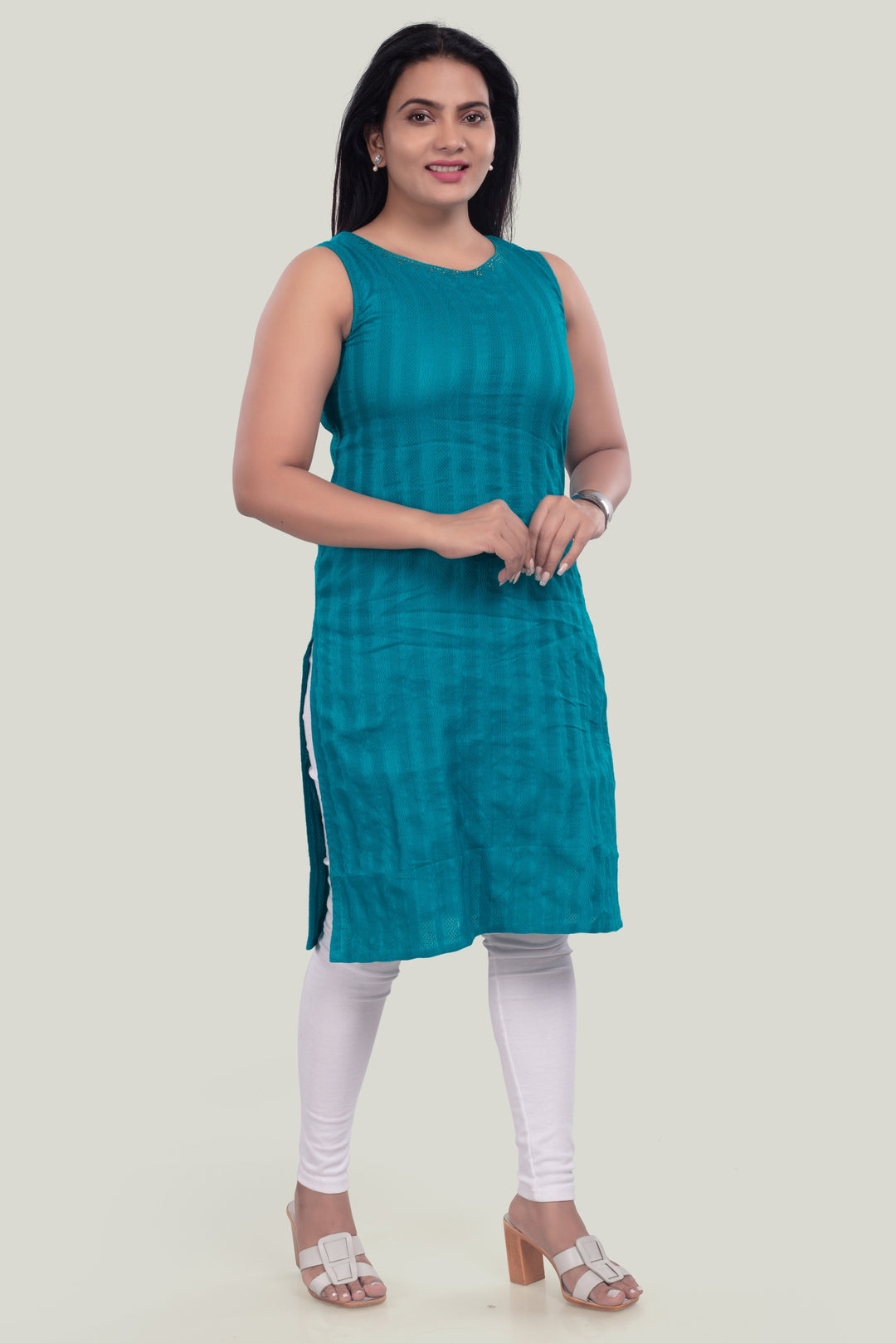 Teal Cotton Straight Sleeveless Kurta