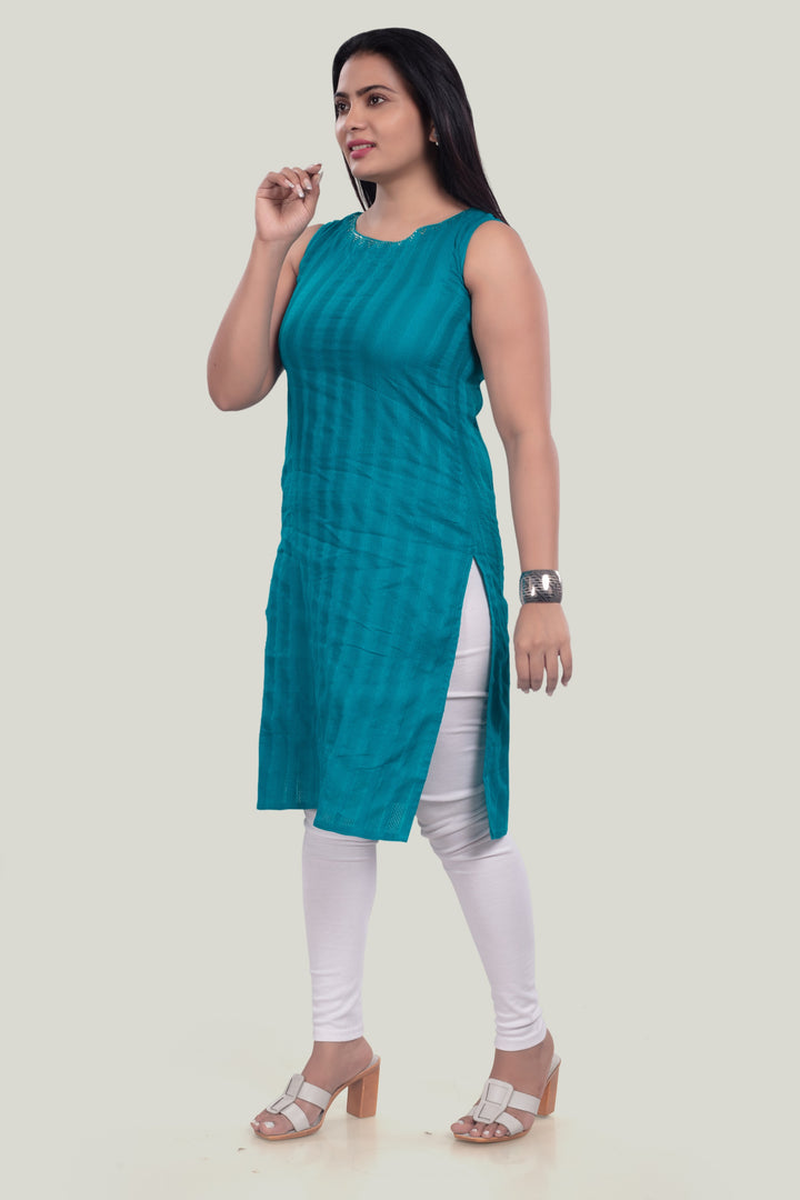 Teal Cotton Straight Sleeveless Kurta