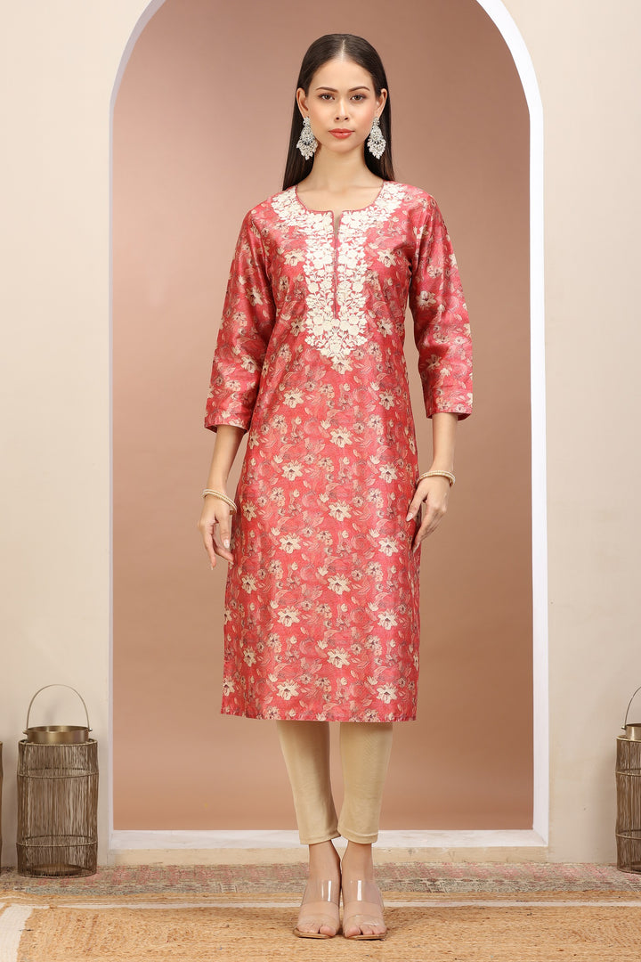 Peach Roman Silk Embroidered Straight Kurta for women / girls