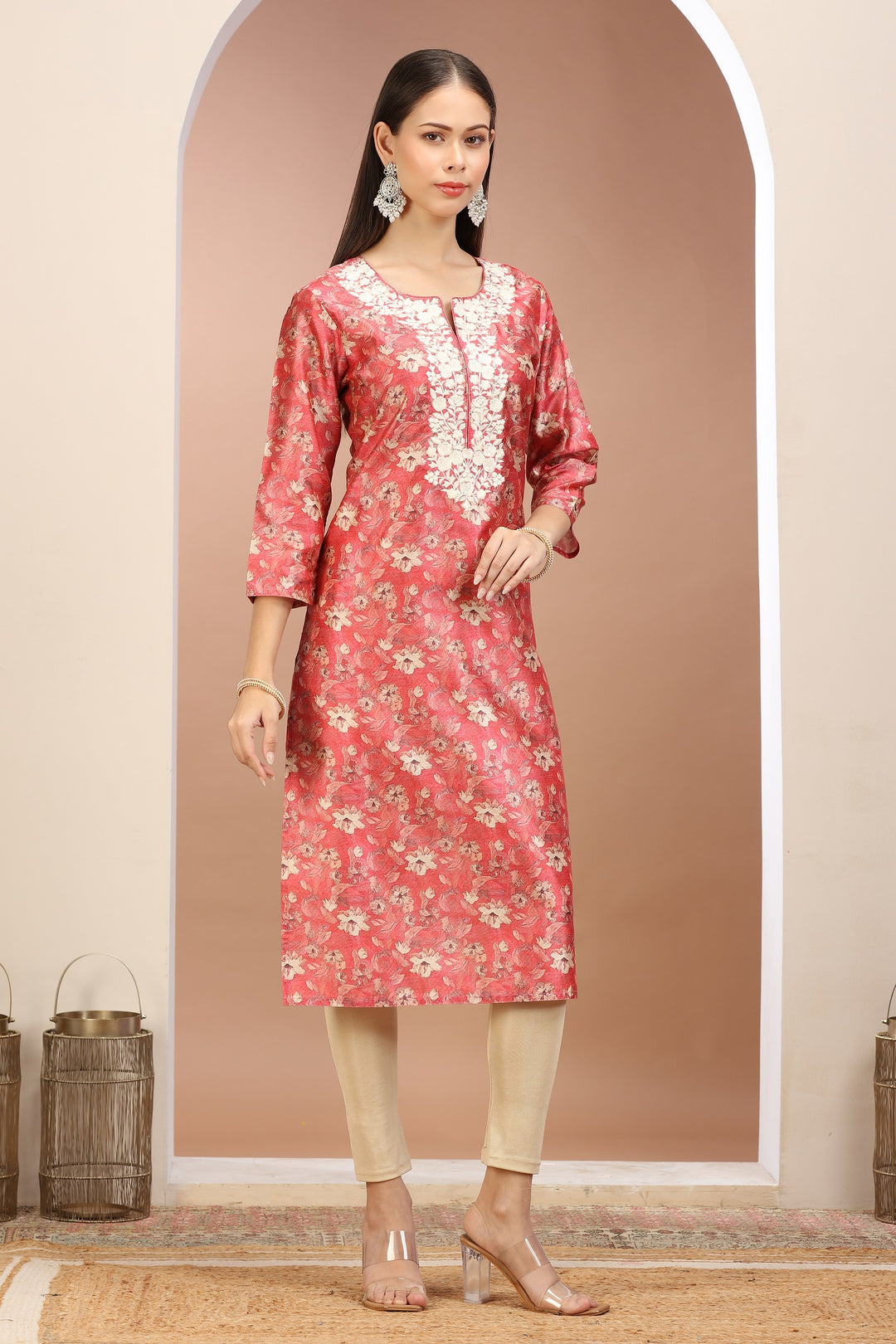 Peach Roman Silk Embroidered Straight Kurta for women / girls