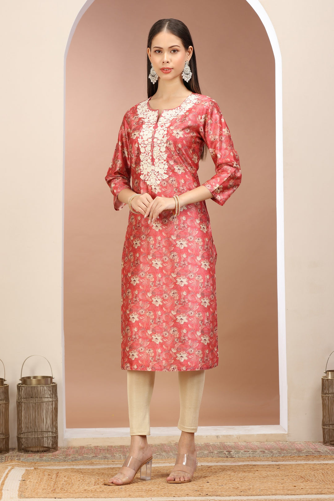 Peach Roman Silk Embroidered Straight Kurta for women / girls