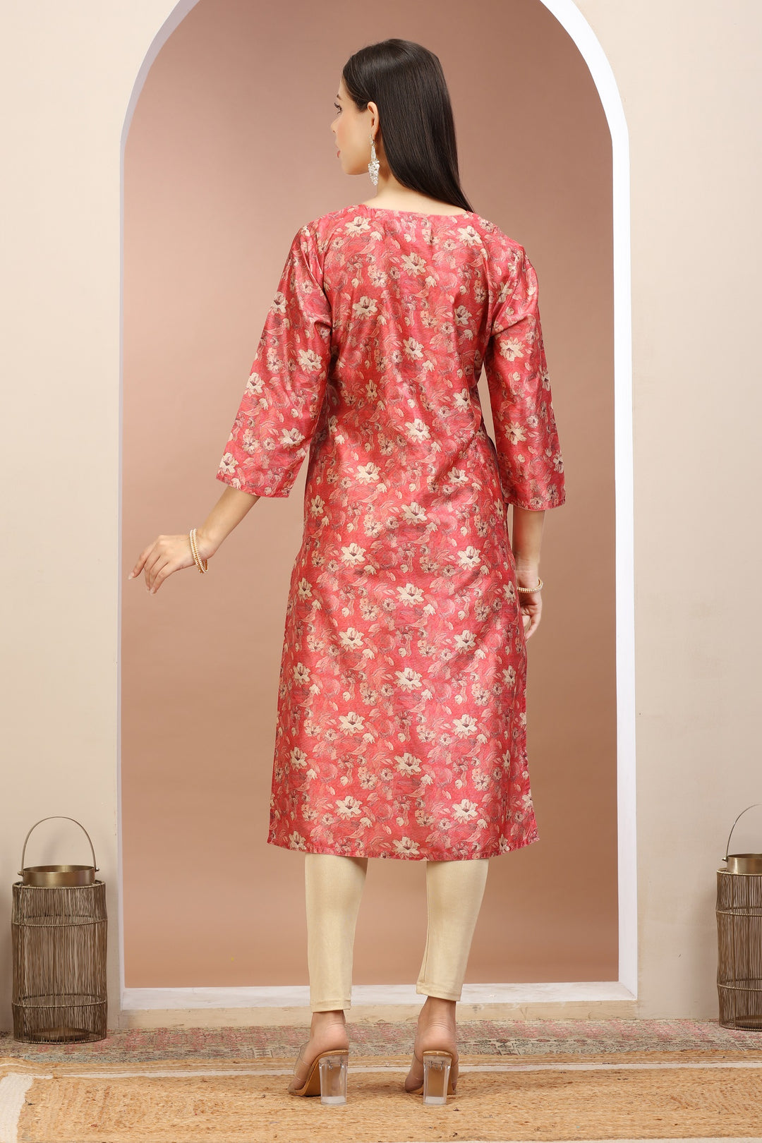 Peach Roman Silk Embroidered Straight Kurta