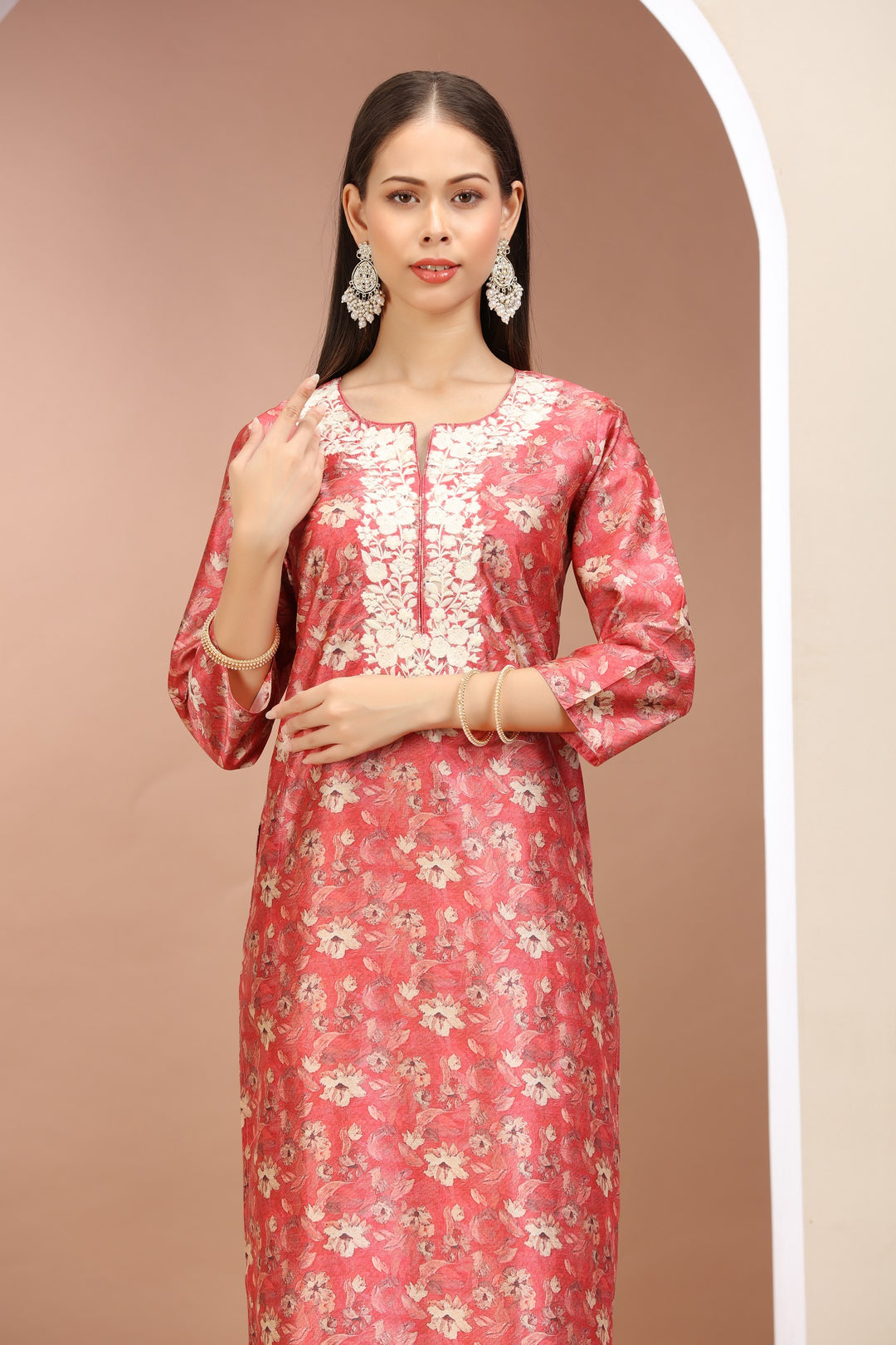 Peach Roman Silk Embroidered Straight Kurta for women / girls