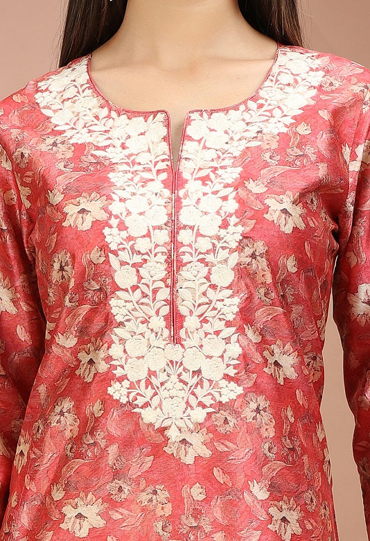 Peach Roman Silk Embroidered Straight Kurta for women / girls