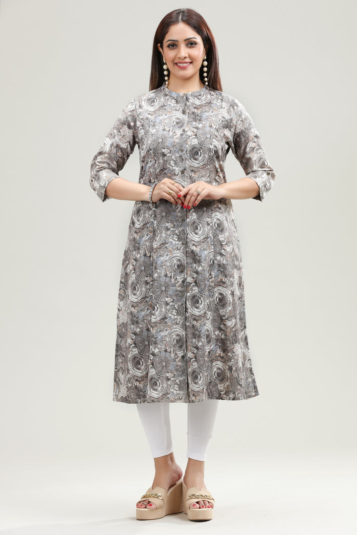 Gray Flax Cotton A Line Printed Kurta