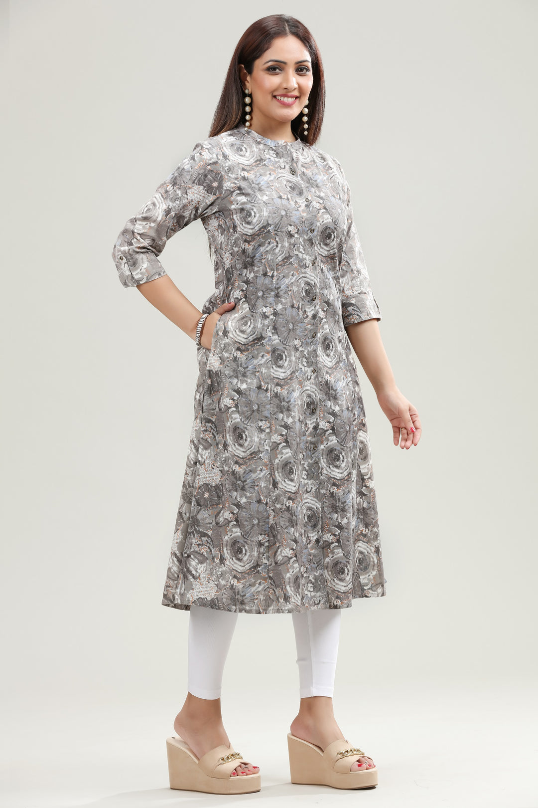 Gray Flax Cotton A Line Printed Kurta