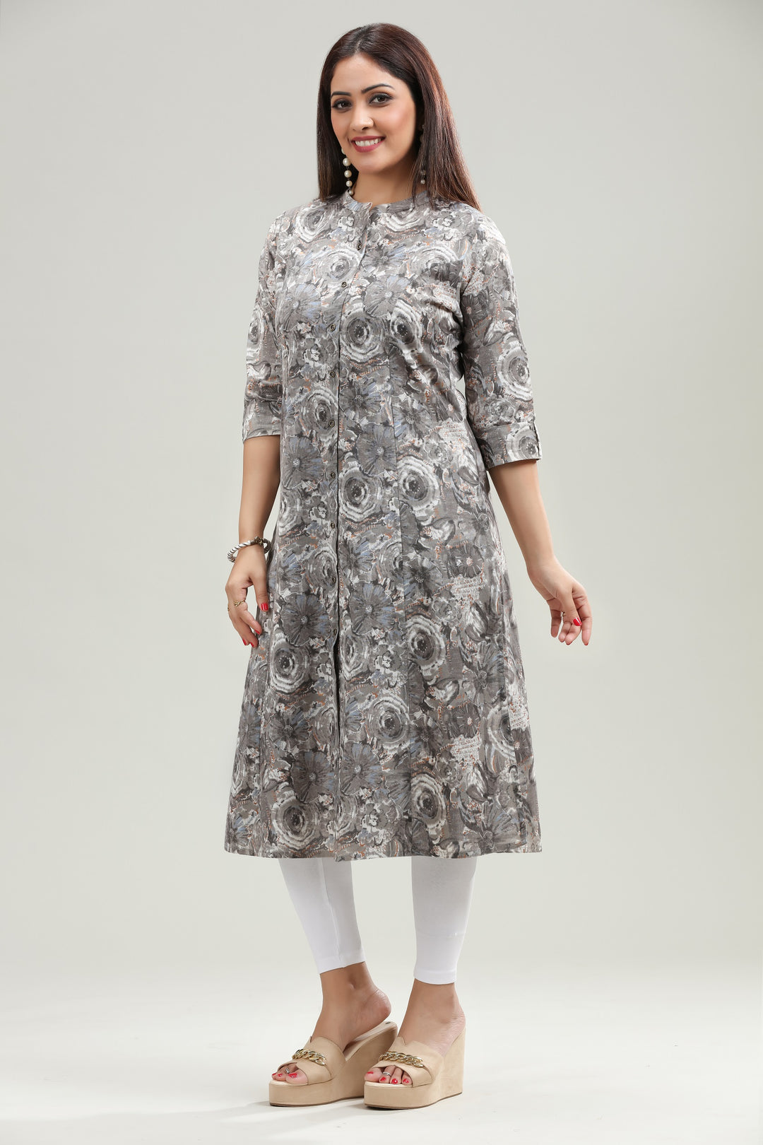 Gray Flax Cotton A Line Printed Kurta