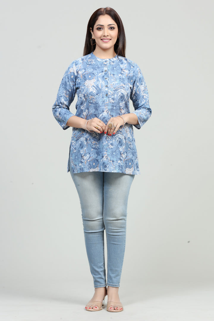 Sky Blue Cotton Printed Short Kurta