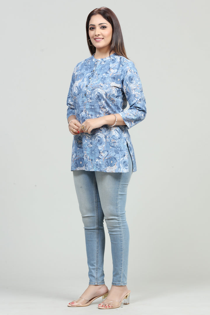 Sky Blue Cotton Printed Short Kurta