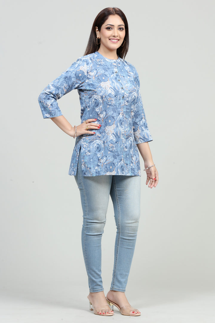 Sky Blue Cotton Printed Short Kurta