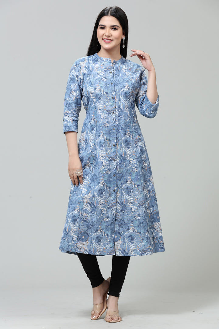 Sky Blue Cotton A Line Printed Kurta