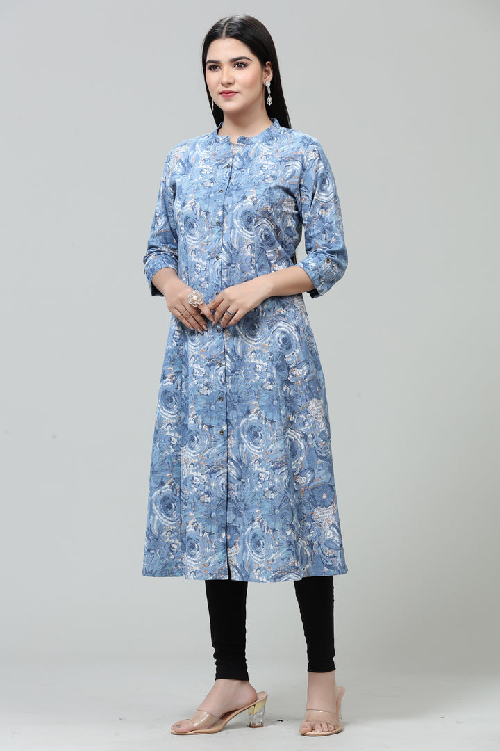 Sky Blue Cotton A Line Printed Kurta