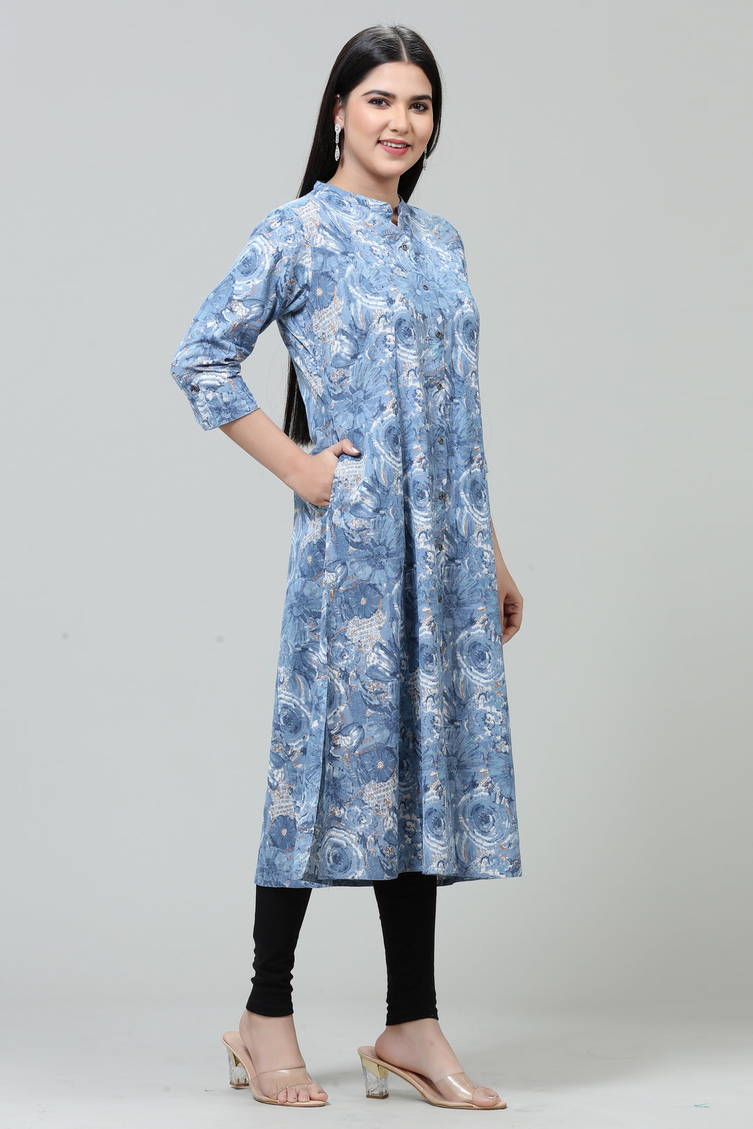 Sky Blue Cotton A Line Printed Kurta