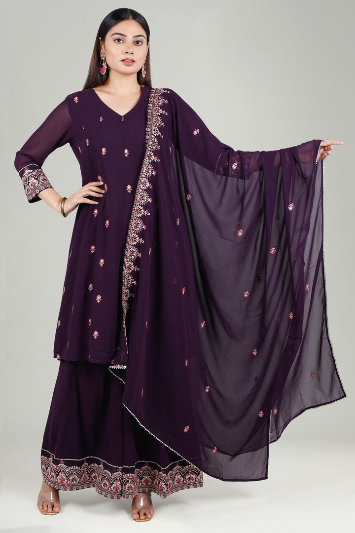 Purple Georgette Flared Embroidered Kurta Palazzo Suit Set