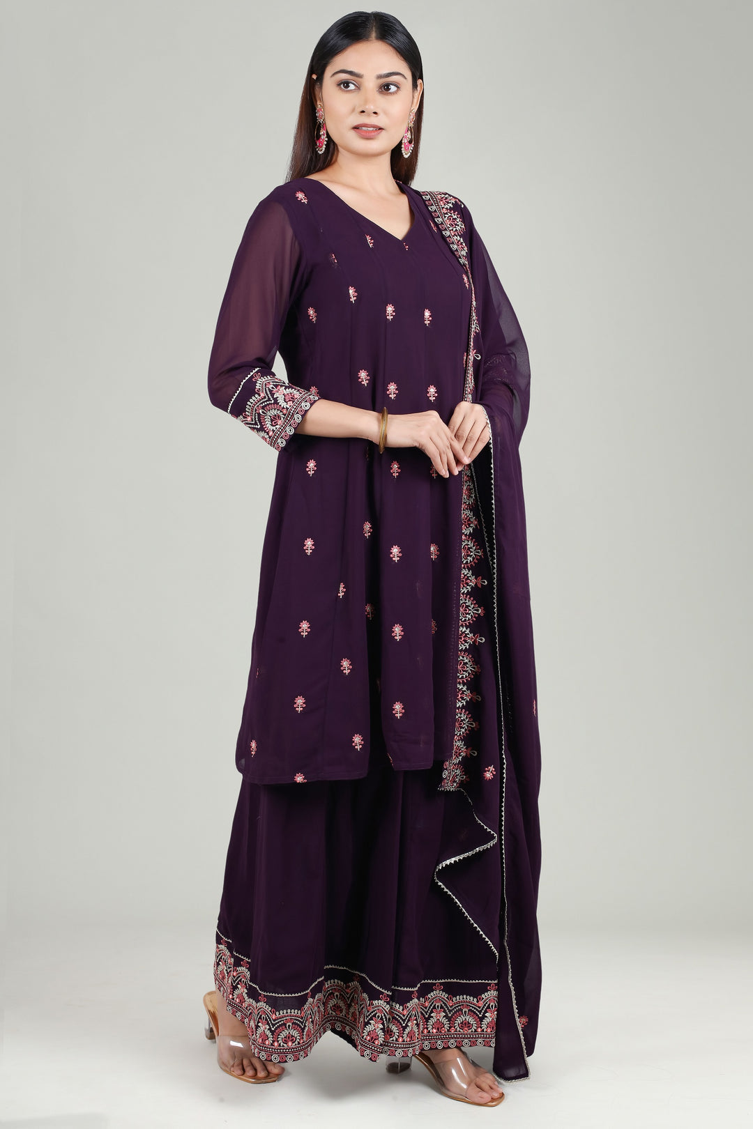 Purple Georgette Flared Embroidered Kurta Palazzo Suit Set for women