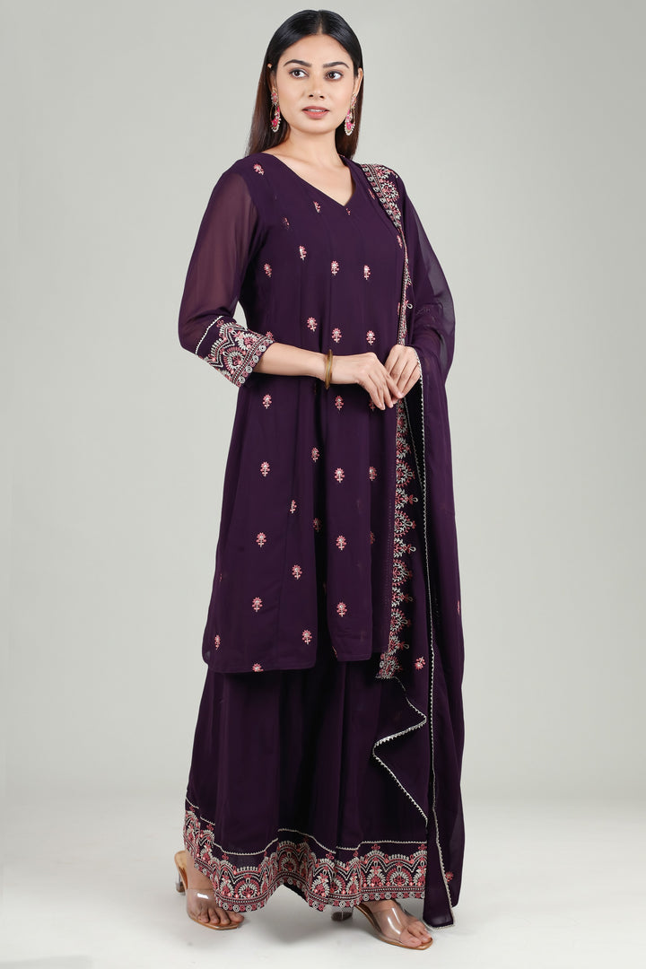 Purple Georgette Flared Embroidered Kurta Palazzo Suit Set